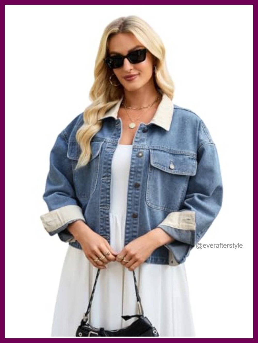 Corduroy Collar Cropped Denim Jacket Oversized Button Front Utility Pockets